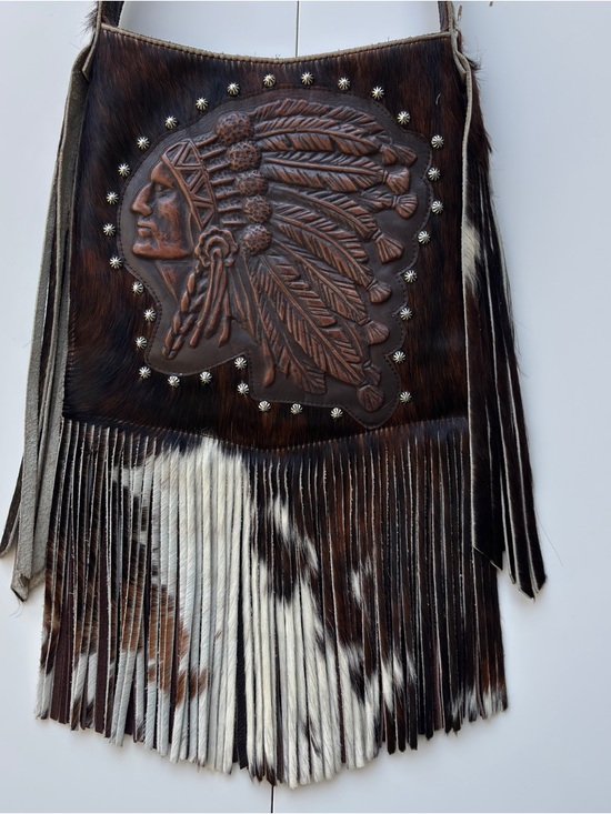 Raviani Studded Native American Fringe Crossbody Bag In Hair-On Cowhide EUC - Picture 3 of 17